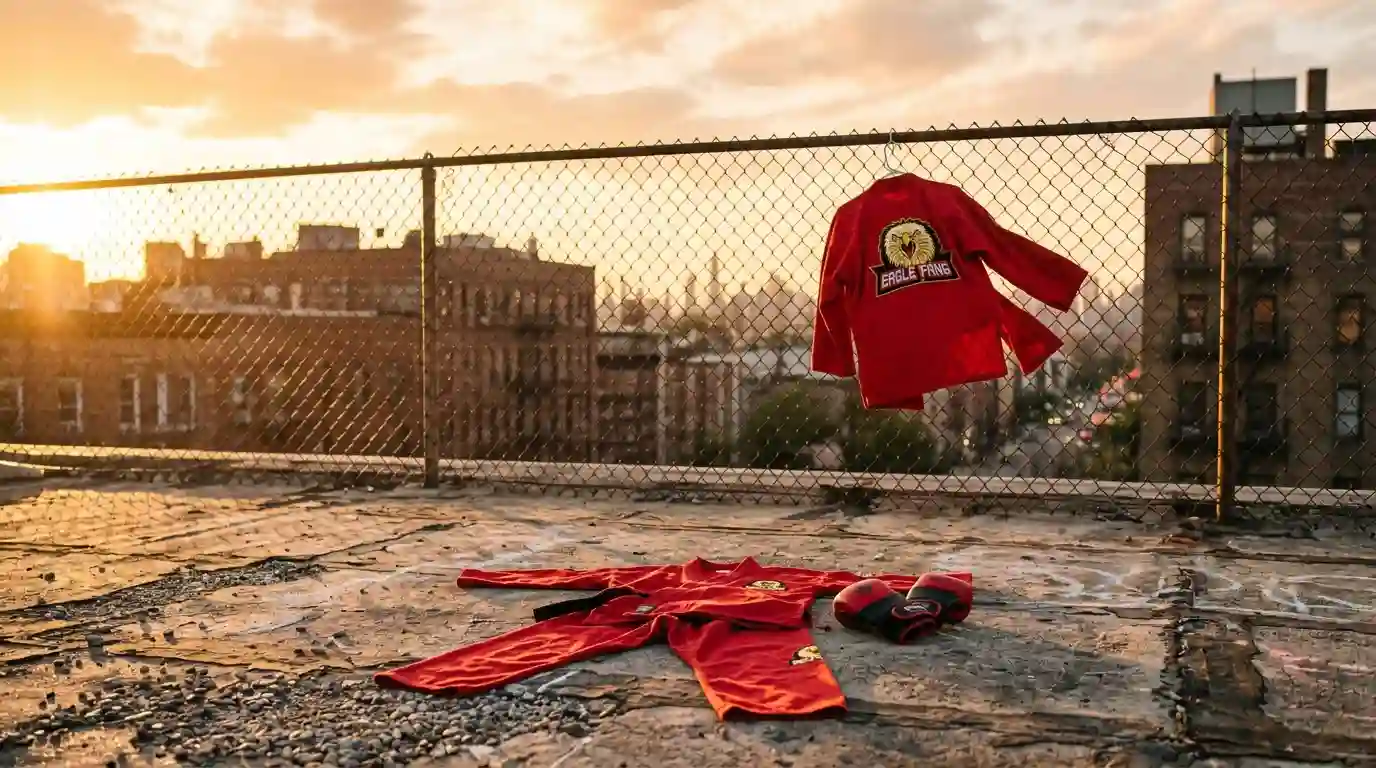 Eagle Fang Karate Costume from Cobra Kai at TVJackets Eagle Fang Karate costume from Cobra Kai displayed in a raw energetic outdoor training setting reflecting the new dojo's improvised passionate identity as an alternative to the established Cobra Kai aesthetic at TVJackets