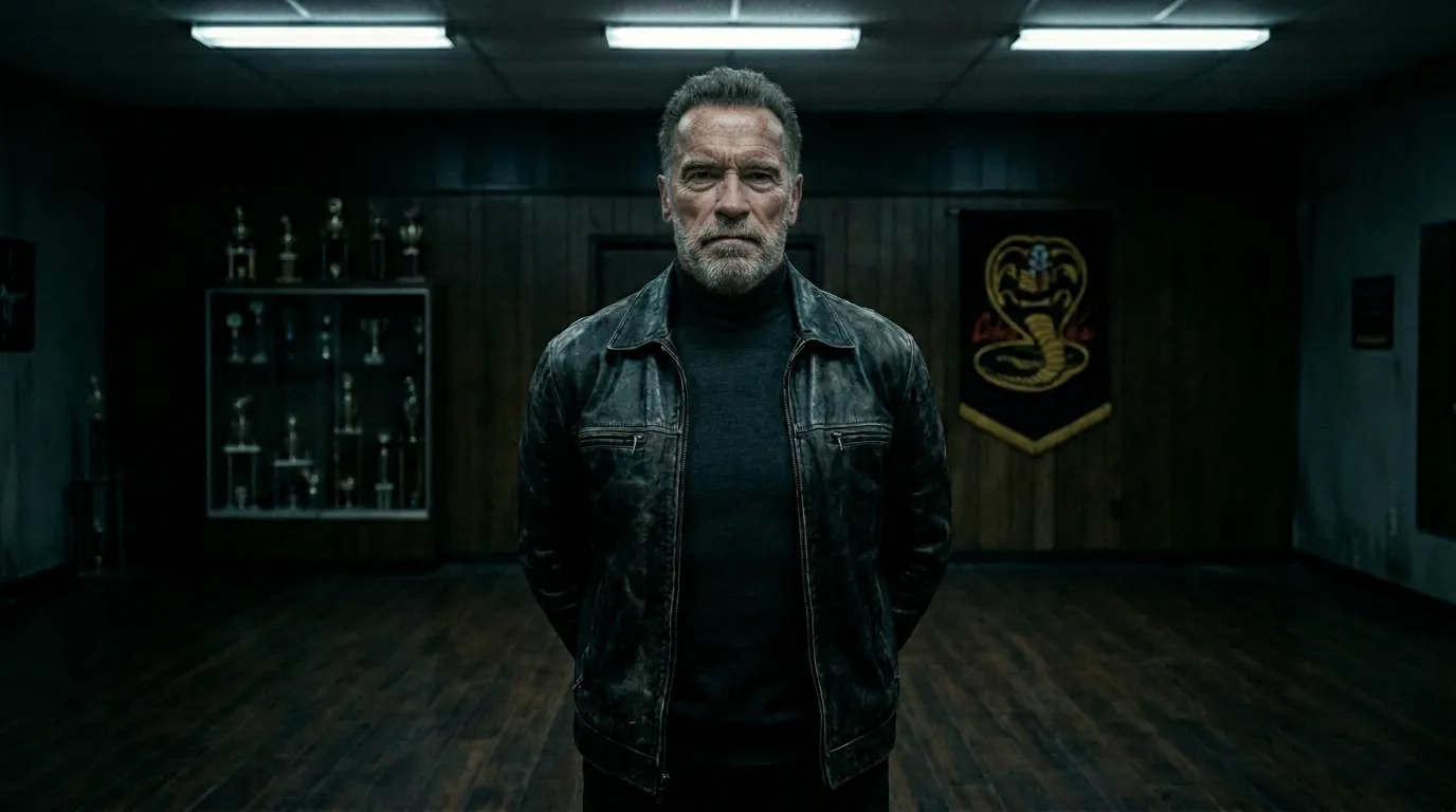 John Kreese No Mercy Black Leather Jacket from Cobra Kai at TVJackets John Kreese inspired Cobra Kai black leather jacket representing the original No Mercy philosophy and the dojo's most authoritative and commanding senior aesthetic displayed in a cold controlled dojo environment at TVJackets