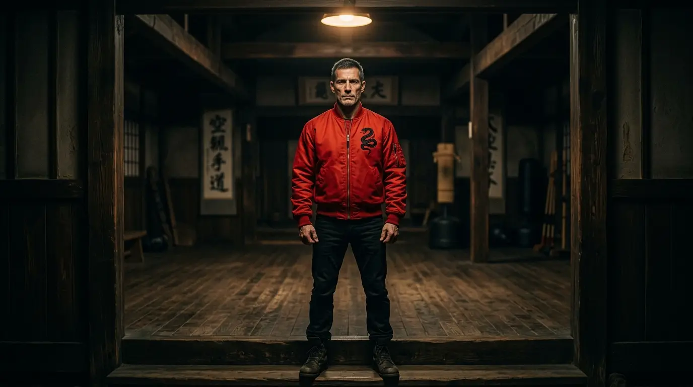 Johnny Lawrence Red Jacket and Cobra Kai Outfits at TVJackets Johnny Lawrence red cobra kai jacket and karate kid cobra kai baseball jacket and full johnny lawrence costume displayed in a bold 1980s martial arts inspired editorial setting at TVJackets