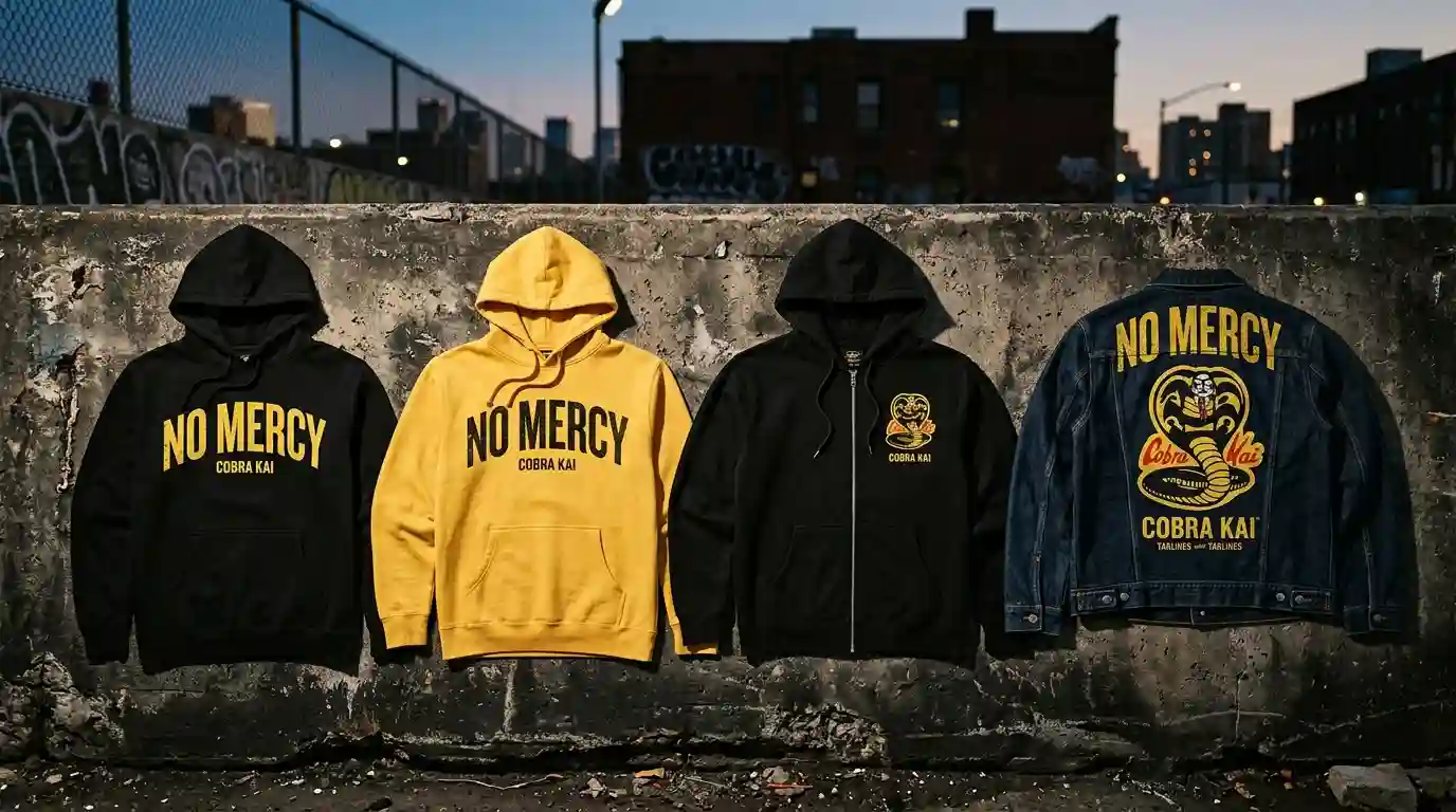 Cobra Kai No Mercy Hoodie and Denim Jacket Collection at TVJackets Cobra Kai No Mercy black hoodie, yellow hoodie, zip-up hoodie and denim jacket collection displayed together in a bold street-level editorial layout representing the full No Mercy wearable range at TVJackets
