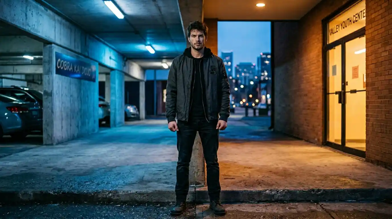 Robby Keene Cobra Kai Season 4 Bomber Jacket at TVJackets Robby Keene Cobra Kai Season 4 bomber jacket worn by a young man in a transitional urban setting reflecting the character's conflicted identity between dojos and his hardening commitment to Cobra Kai at TVJackets