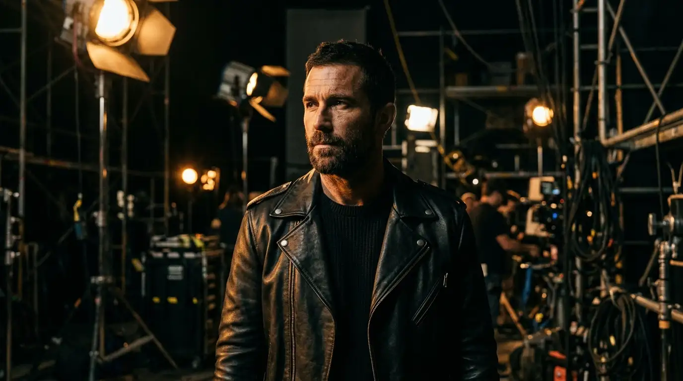 Man wearing Colt Seavers inspired black leather jacket from The Fall Guy 2024 standing on a Hollywood film set with crew in the background