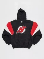Back view of vintage New Jersey Devils Starter pullover jacket showing NJ Devils shield logo and red white color block panels