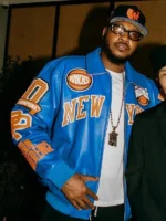 Fabolous New York Knicks 2025 Pelle Pelle blue and orange bomber leather jacket with Knicks patch and New York lettering on chest