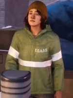 In-game character wearing Gloria Davila green F.E.A.S.T. jacket with white stripe and chest logo in Spider-Man Miles Morales