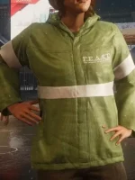 Gloria Davila wearing green F.E.A.S.T. jacket with white stripe in snowy outdoor Harlem scene from Spider-Man Miles Morales PS4