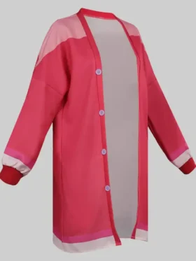 Three-quarter angle view of Gwen Stacy pink jacket from Across the Spider-Verse showing lavender button closure, V-neck open front and red rib-knit cuffs