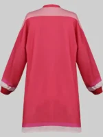 Back view of Gwen Stacy pink fleece jacket from Across the Spider-Verse showing two-tone pink construction, blush shoulder panel and red rib-knit cuffs