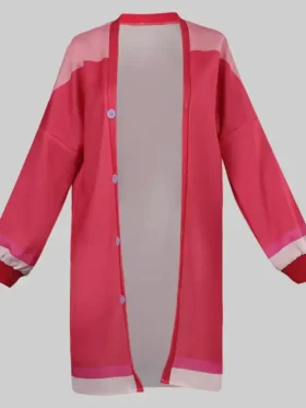 Full front view of Gwen Stacy pink fleece jacket from Across the Spider-Verse showing complete open cardigan silhouette, lavender buttons and red rib-knit cuffs
