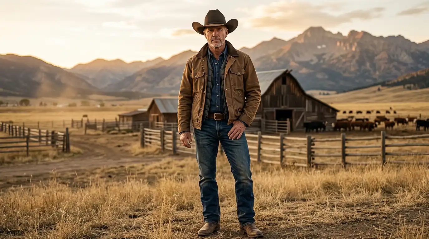 John Dutton Yellowstone ranch jacket style with earthy western outfit