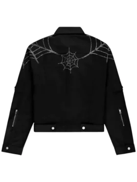 King Spider x Young Thug black denim jacket back flat lay showing rhinestone spider web across full back panel and shoulders