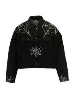 King Spider x Young Thug black denim jacket flat lay front view showing rhinestone spider web on chest panels and sleeve cuffs