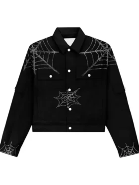 King Spider x Young Thug black denim jacket front showing white buttons and rhinestone spider web on chest and sleeve cuffs