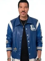A retail-ready display of the American Idol Lionel Richie Blue Varsity Jacket for fans and fashion enthusiasts.