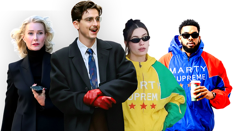 Four people in Marty Supreme celebrity street style editorial including yellow green windbreaker with sunglasses and multi-colour jacket at TVJackets