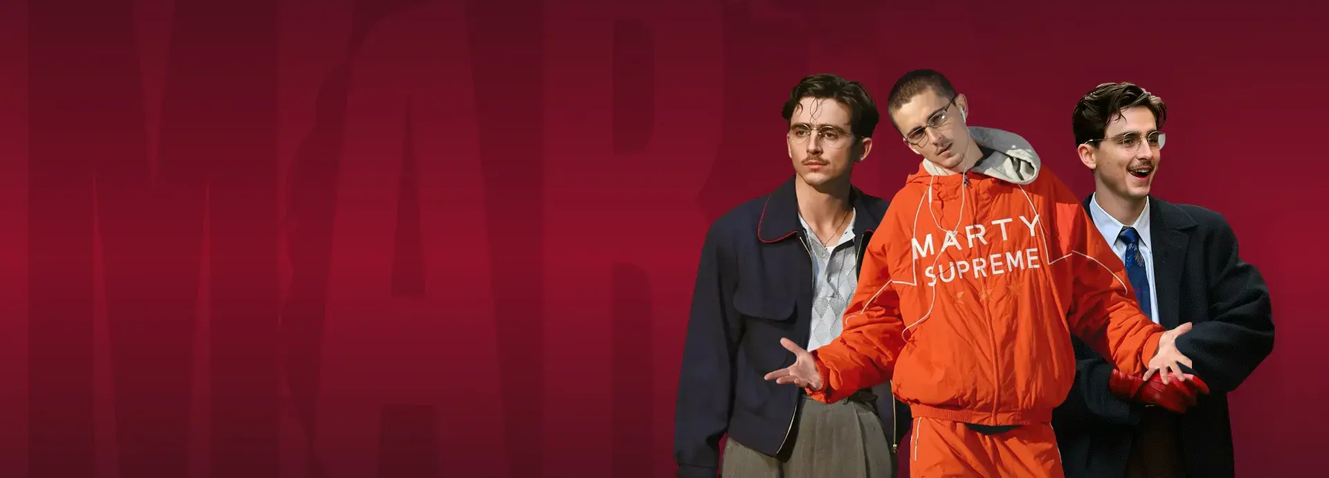 Three male models wearing Marty Supreme jackets including orange Marty Supreme windbreaker, navy jacket and black suit at TVJackets