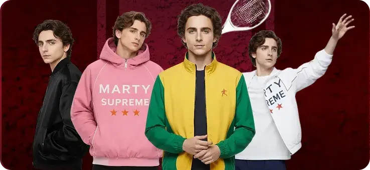 Four male models wearing different Marty Supreme jacket colours including pink hoodie, yellow green track jacket, black leather and white sweatshirt at TVJackets