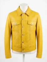 Mens yellow leather jacket front display with shirt collar, button closure, and chest pockets