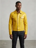 Mens yellow leather jacket front view with shirt collar, button closure, and chest pockets
