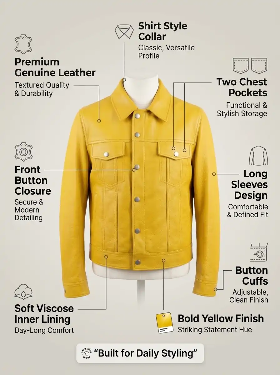 Infographic banner of mens yellow leather jacket showing collar, button closure, chest pockets, cuffs, lining, and leather details