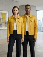 Mens yellow leather jacket lifestyle image with front button closure, shirt collar, and chest pockets