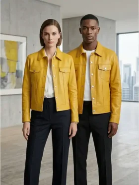 Mens yellow leather jacket lifestyle image with front button closure, shirt collar, and chest pockets