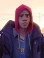 Animated close-up of Miles Morales in Across the Spider-Verse wearing open black puffer jacket showing red hoodie, denim jacket and Brooklyn 42 jersey layers