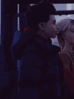 Animated film screen reference of Miles Morales wearing black puffer jacket in Across the Spider-Verse with red hoodie visible at collar