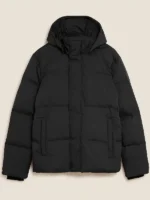 Front flat lay of Miles Morales black hooded puffer jacket from Across the Spider-Verse showing hood, zipper closure and side waist pockets