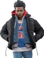Miles Morales Across the Spider-Verse collectible figure showing complete layered outfit with black puffer jacket, denim jacket, Brooklyn 42 jersey, red hoodie and blue jeans