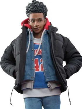 Miles Morales Across the Spider-Verse collectible figure showing complete layered outfit with black puffer jacket, denim jacket, Brooklyn 42 jersey, red hoodie and blue jeans