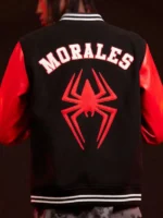 Back view of Miles Morales varsity jacket showing white MORALES arch text and large red spider emblem on black wool body with red leather sleeves