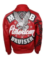 Back view of Pelle Pelle American Bruiser red leather jacket with MB initials eagle embroidery and American Bruiser Ltd Edition script
