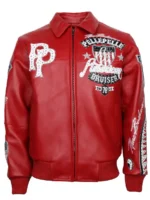 Pelle Pelle American Bruiser red leather jacket front view with PP monogram rhinestone patch and American Bruiser shield
