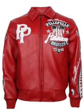 Pelle Pelle American Bruiser red leather jacket front view with PP monogram rhinestone patch and American Bruiser shield