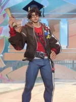 Full body of Peter Parker Photographer Marvel Rivals skin with graduation cap, diploma, camera and dark brown bomber jacket