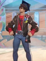 Standing full body view of Peter Parker Photographer Marvel Rivals jacket with graduation cap, camera and pin badges