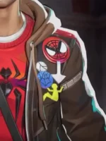 Close-up of Spider-Man pin badges on the Peter Parker Photographer jacket from Marvel Rivals Season 7.5