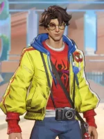 Peter Parker green Marvel Rivals Photographer jacket open showing ESU badge Spider-Man badge and white sherpa hood lining