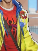 Peter Parker Photographer Marvel Rivals green bomber front view showing white sherpa hood Spider-Man badges and camera strap