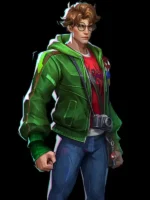 Full body view of Peter Parker in green Marvel Rivals Photographer jacket on black background with red spider tee and camera strap