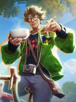 Peter Parker in green Marvel Rivals Photographer jacket in outdoor lifestyle scene holding cup with camera and Spider-Man badges visible
