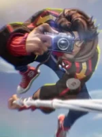 Marvel Rivals gameplay action shot of Peter Parker Photographer skin holding camera showing red ribbed sleeves and jacket