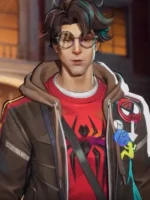 Front upper body view of Peter Parker Photographer jacket from Marvel Rivals with glasses, red spider tee and pin badges