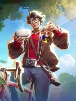 Peter Parker Photographer skin MVP animation from Marvel Rivals showing jacket detail with coffee cup and web in outdoor setting