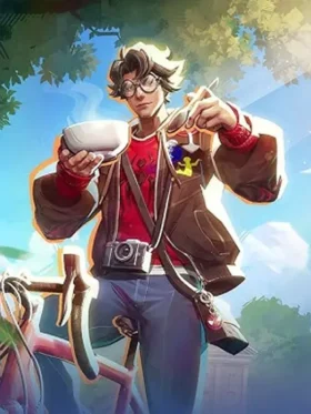 Peter Parker Photographer skin MVP animation from Marvel Rivals showing jacket detail with coffee cup and web in outdoor setting