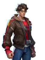 Peter Parker Photographer Marvel Rivals official character art showing full brown bomber jacket, camera strap, and red t-shirt