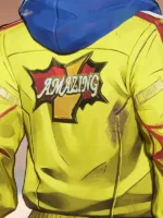 Close-up of Amazing comic burst graphic on back of Peter Parker Midtown Yellow Photographer jacket with red web artwork and blue hood
