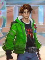 Close-up of Peter Parker Midtown Yellow Photographer jacket chest showing Spider-Man badge blue drawstrings and red spider graphic tee