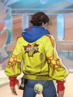 Full back view of Peter Parker Midtown Yellow Photographer jacket showing AMAZING graphic red web artwork blue hood and Gwen Stacy charm